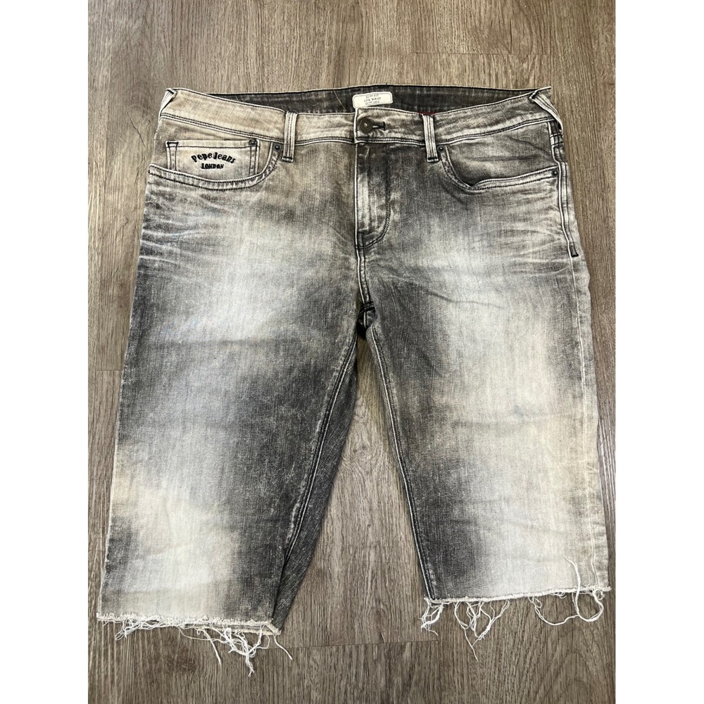 Pepe Jeans London Hatch Slim Fit Grey Distressed Denim Cut Off Shorts Mens 38